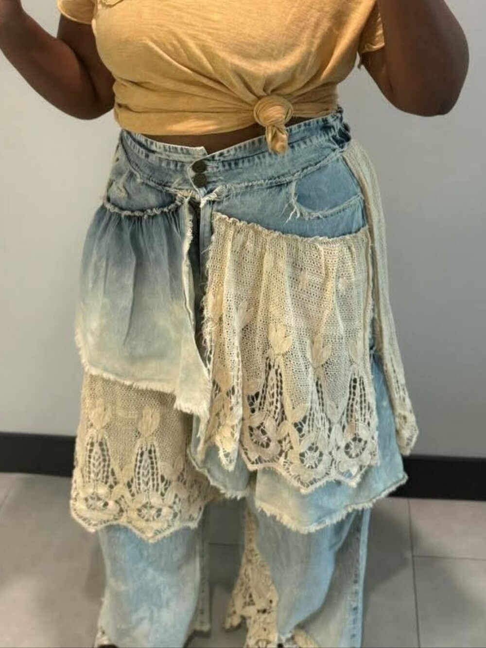 A Rare Bird Boho Chic Frayed Denim & Crochet Lace Layered Skirt Pants XL - Picture 11 of 11